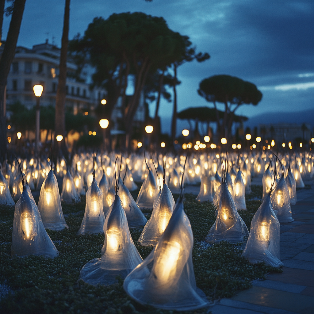 Night Square in Riccione with School of Lantern Fish 