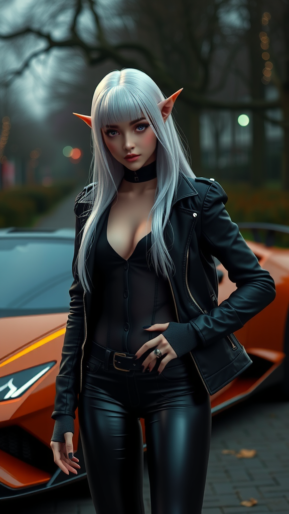 Night elf girl with white hair near Lamborghini car.