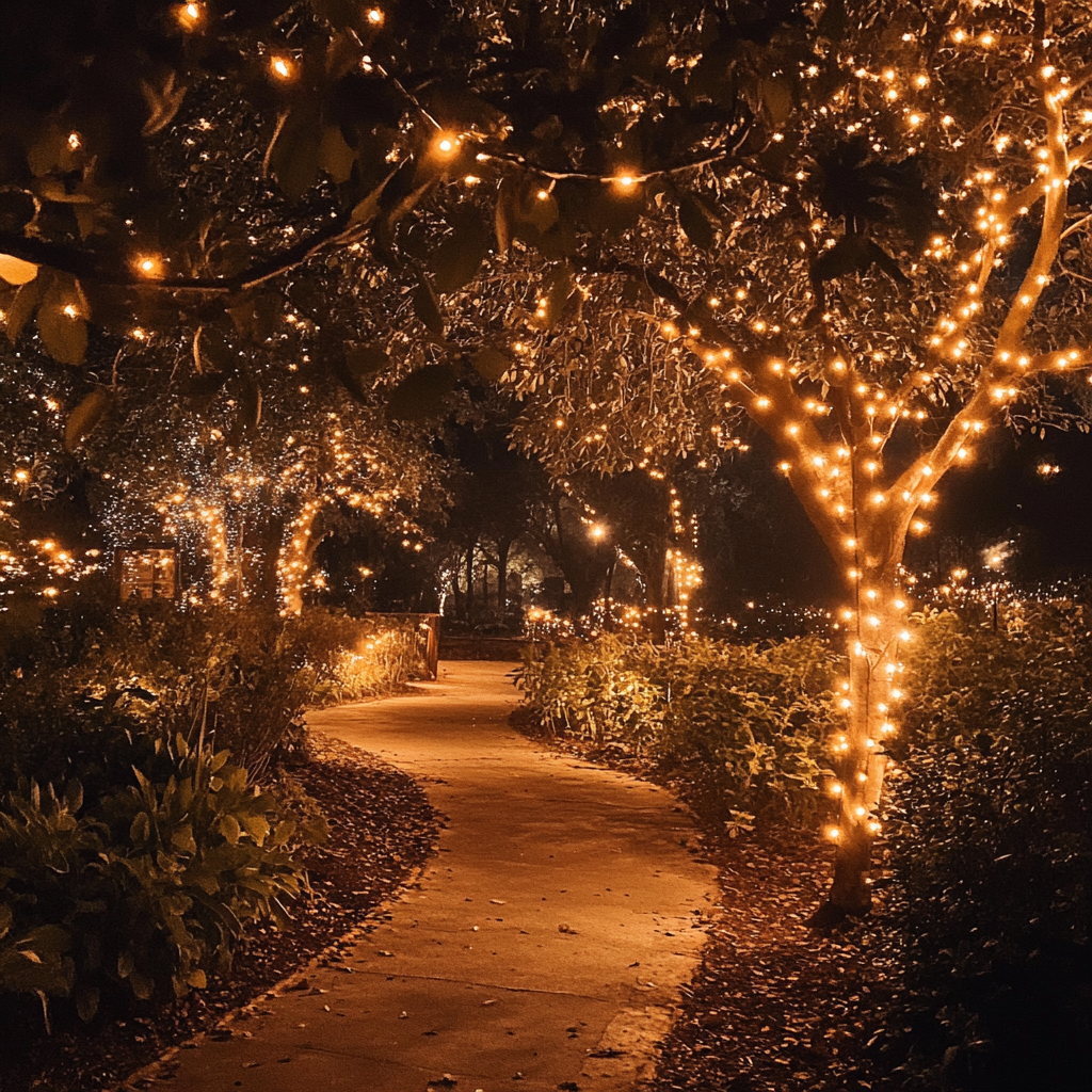 Night garden with warm illuminated pathways, fairy lights, cozy.