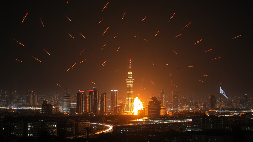 Night in Tel Aviv with Iranian missile attack.