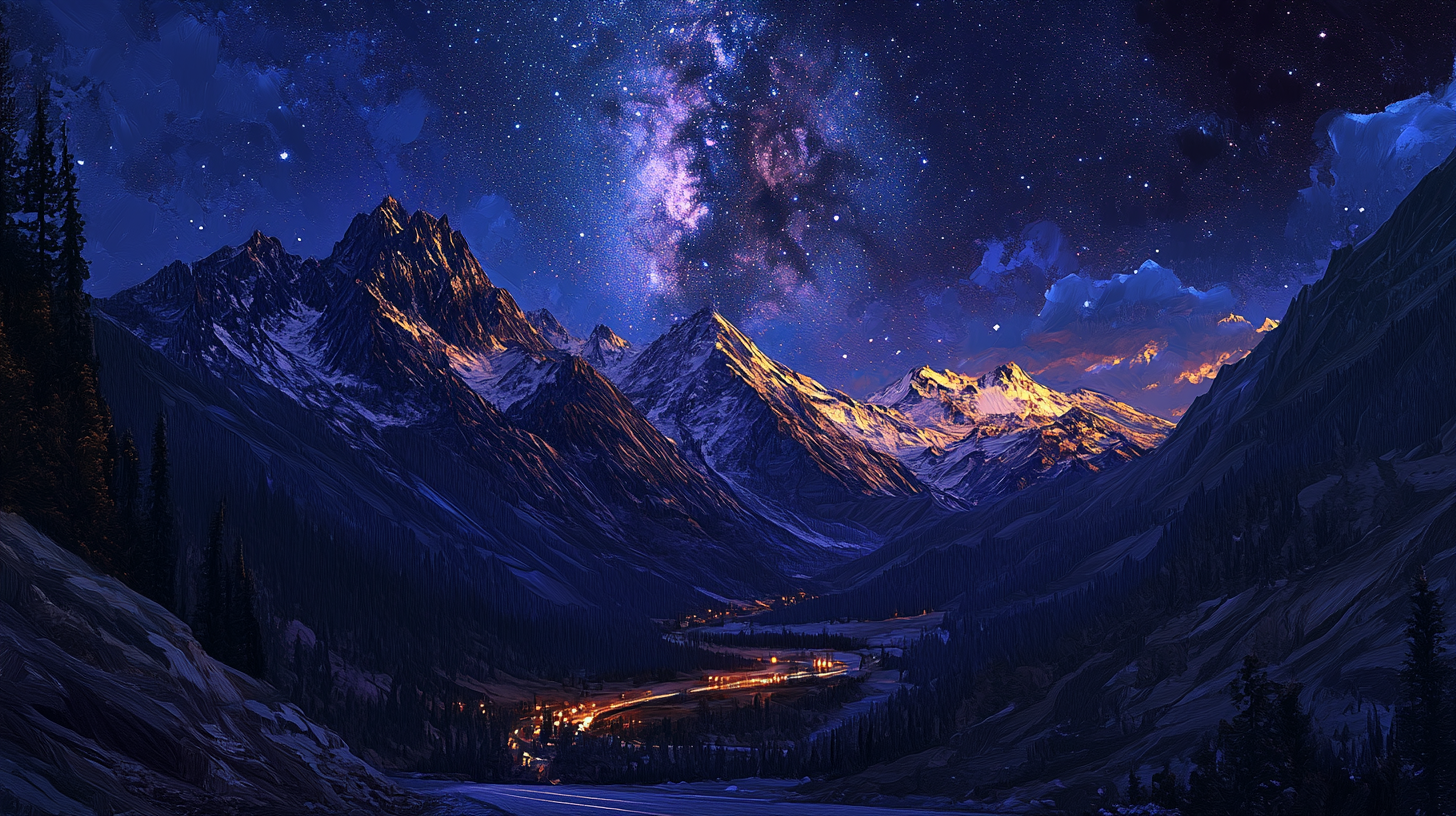 Night painting of mountain valley with Milky way sky.