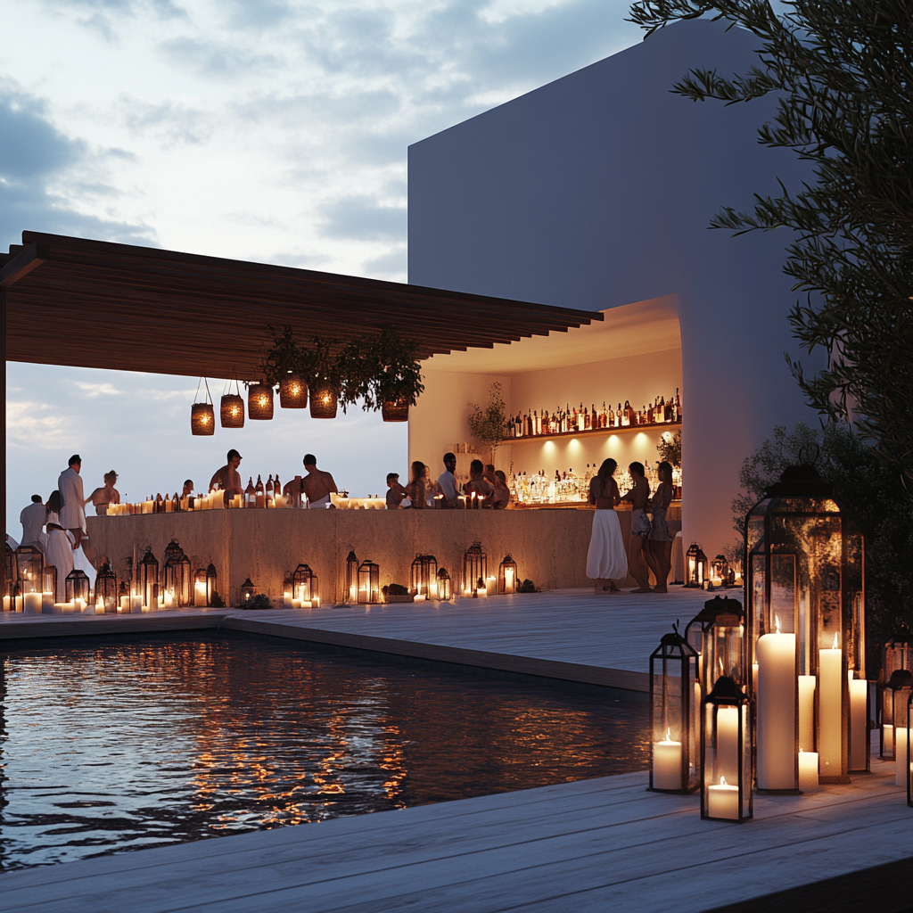 Night party at Mikonos resort with bar, pool, lanterns.