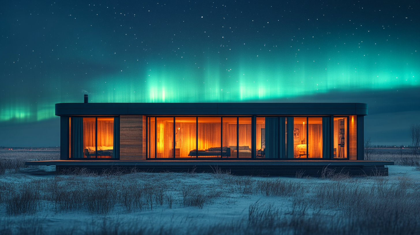 Night sky over eco-resort with Northern Lights