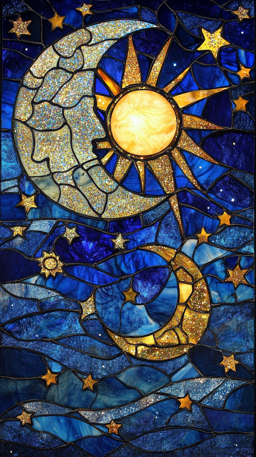 Night sky stained glass style with bold lines, shine.