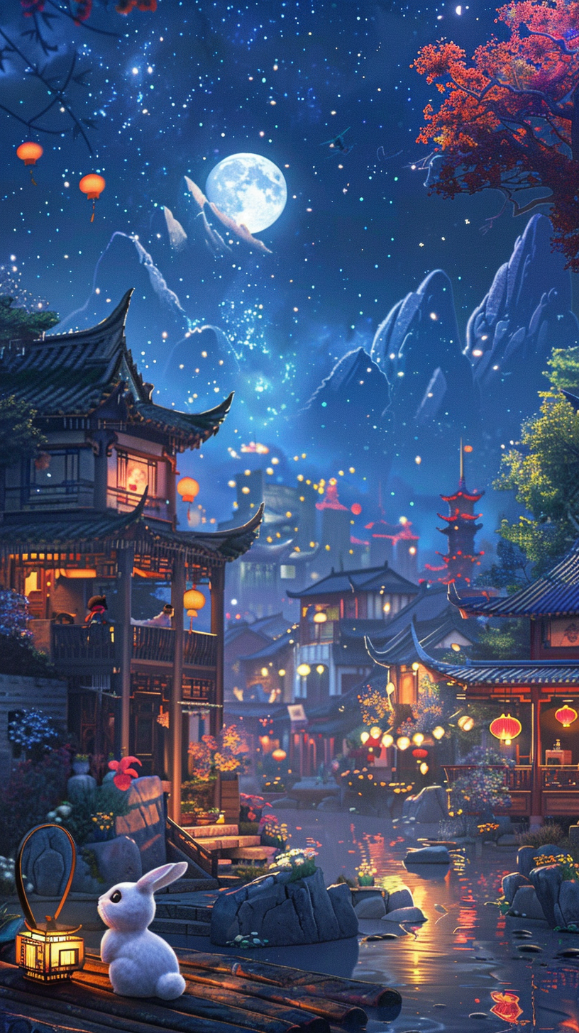 Night sky with moon, lanterns, rabbit, and stars.