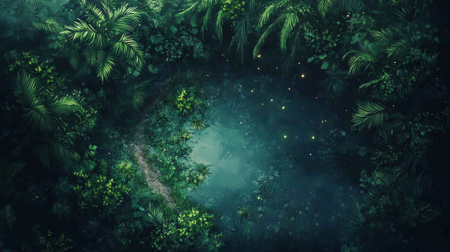 Night-time battle scene: Marshy jungle meets calm water.