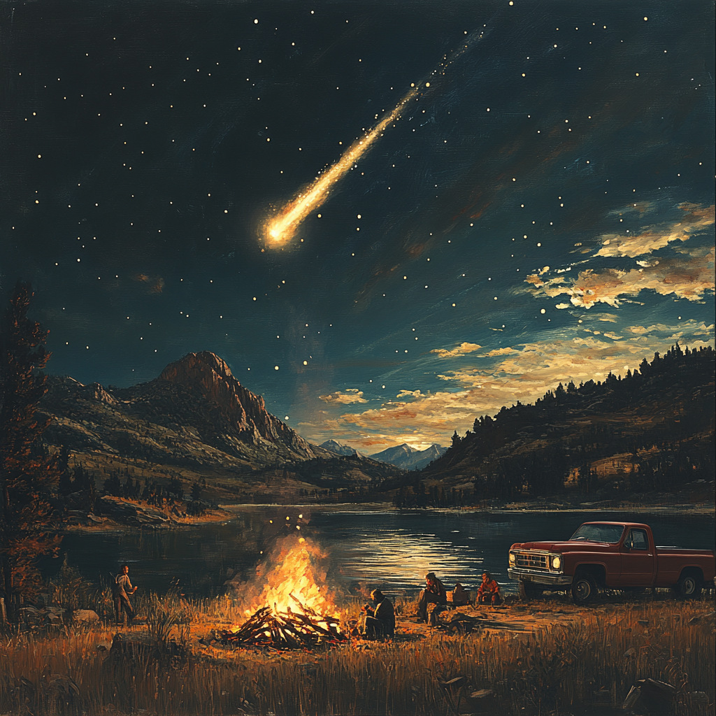 Nighttime BBQ by Lake with Falling Meteor