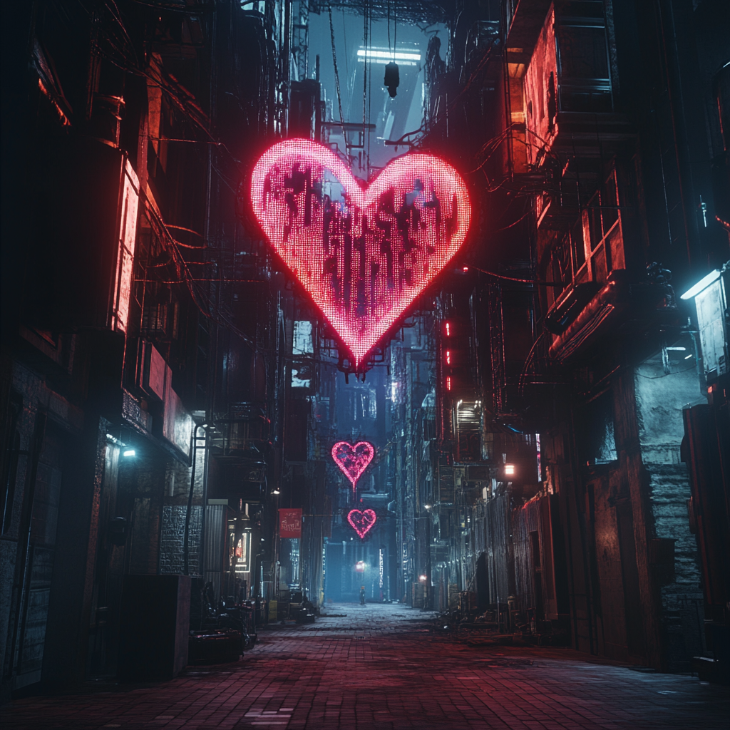 Nighttime Cyberfuturistic City with Broken Heart Theme