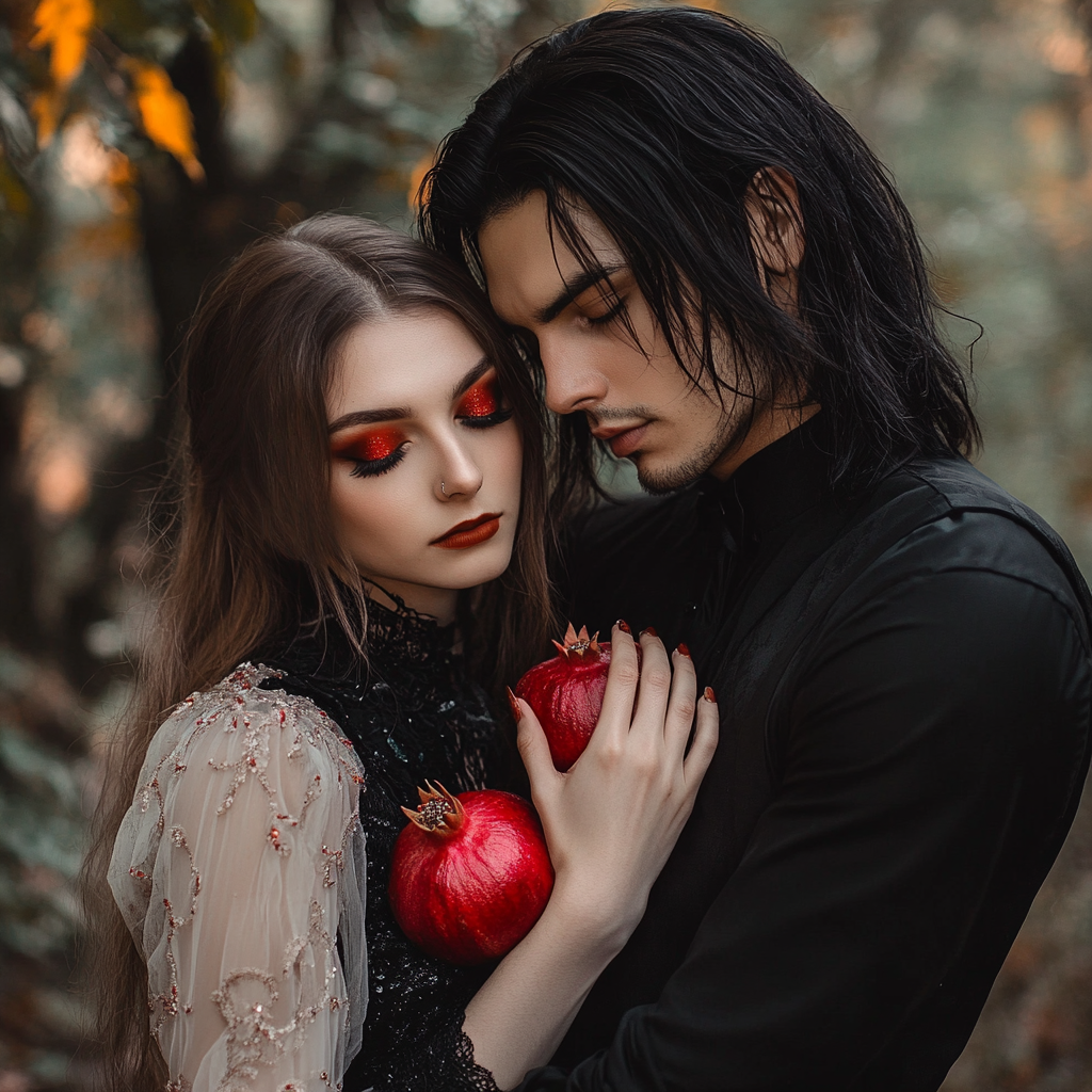 Nighttime couple in dark clothes with fruit in woods.