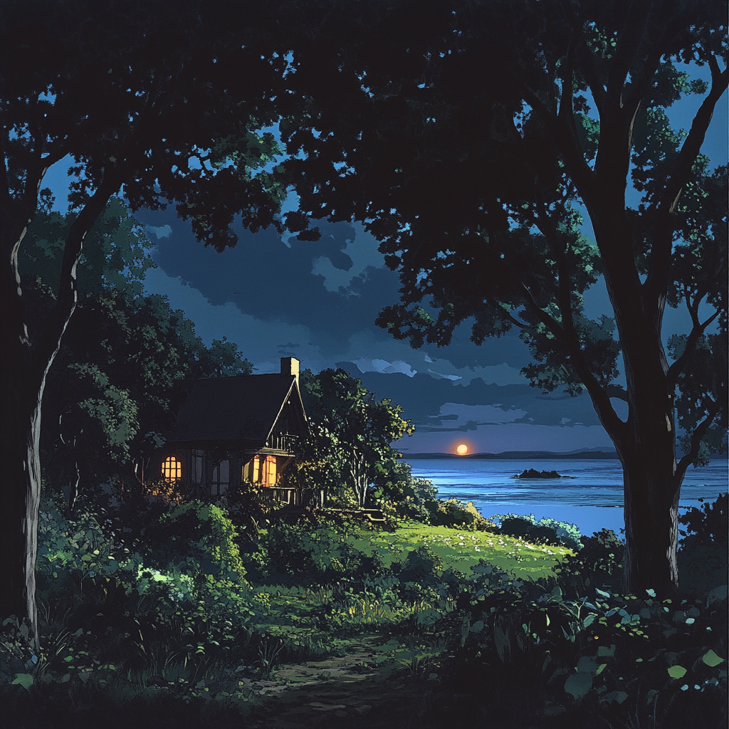 Nighttime ethereal house surrounded by trees, ocean view.