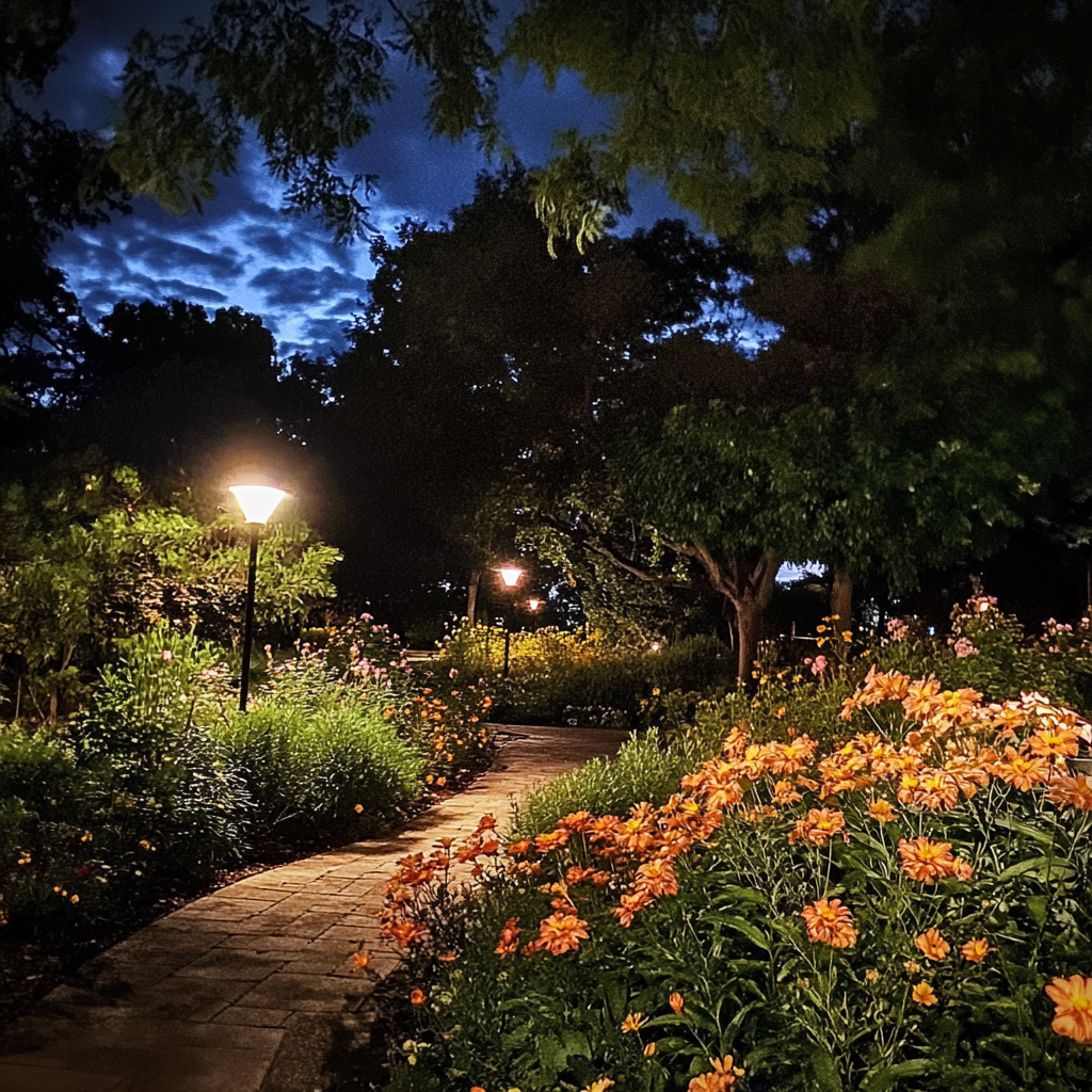 Nighttime garden with warm lights, iphone 15 pro.