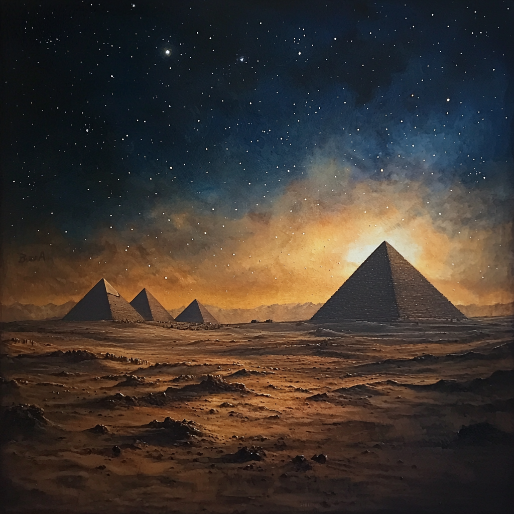 Nighttime in Egypt with Pyramids and Stars