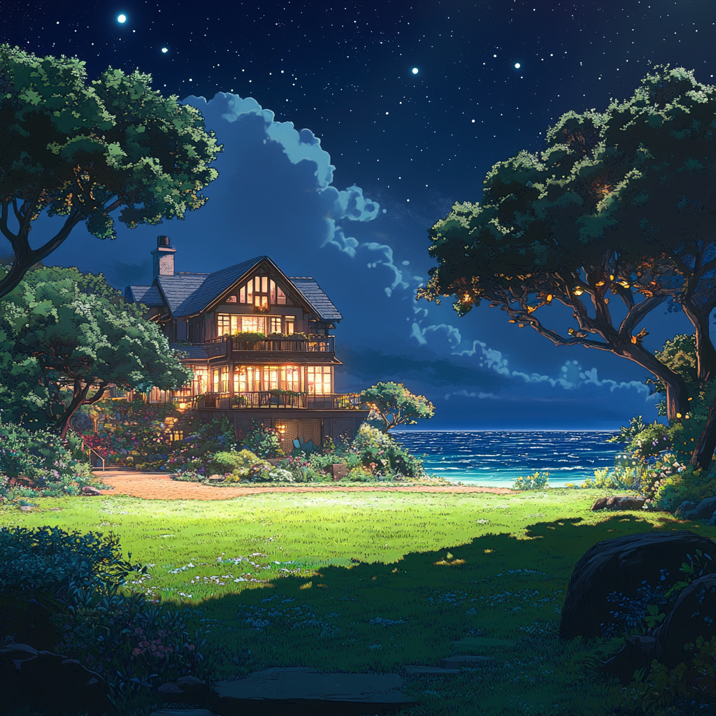 Nighttime ocean view with magical house surrounded by trees.