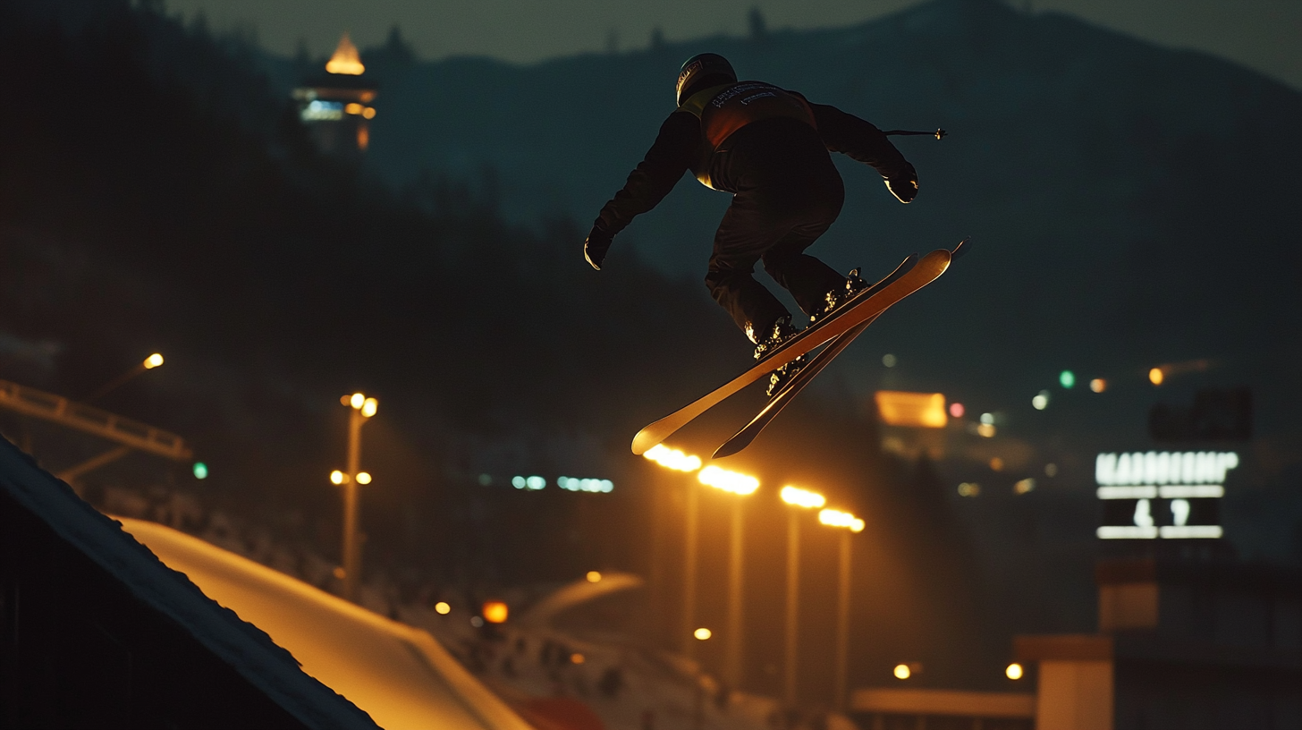 Nighttime ski jump competition with V-style form