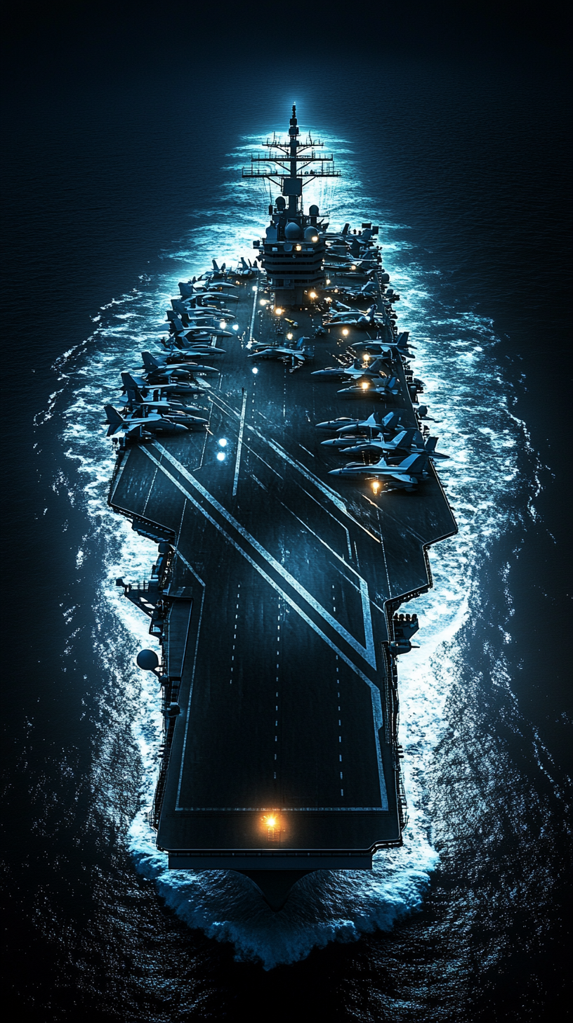 Nighttime view of USS Dwight D. Eisenhower with lights.