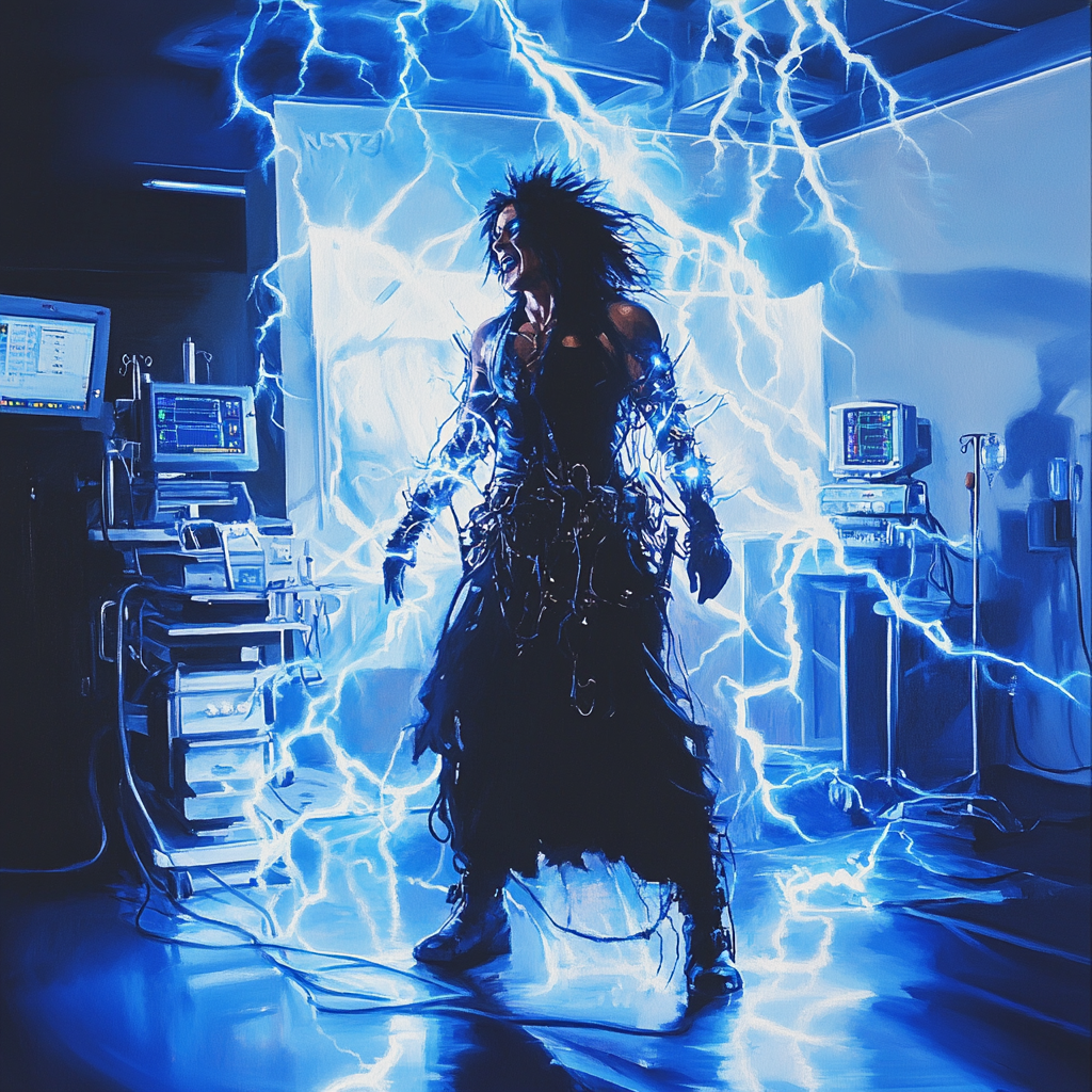 Nikki Sixx posing victoriously in electric hospital setting.