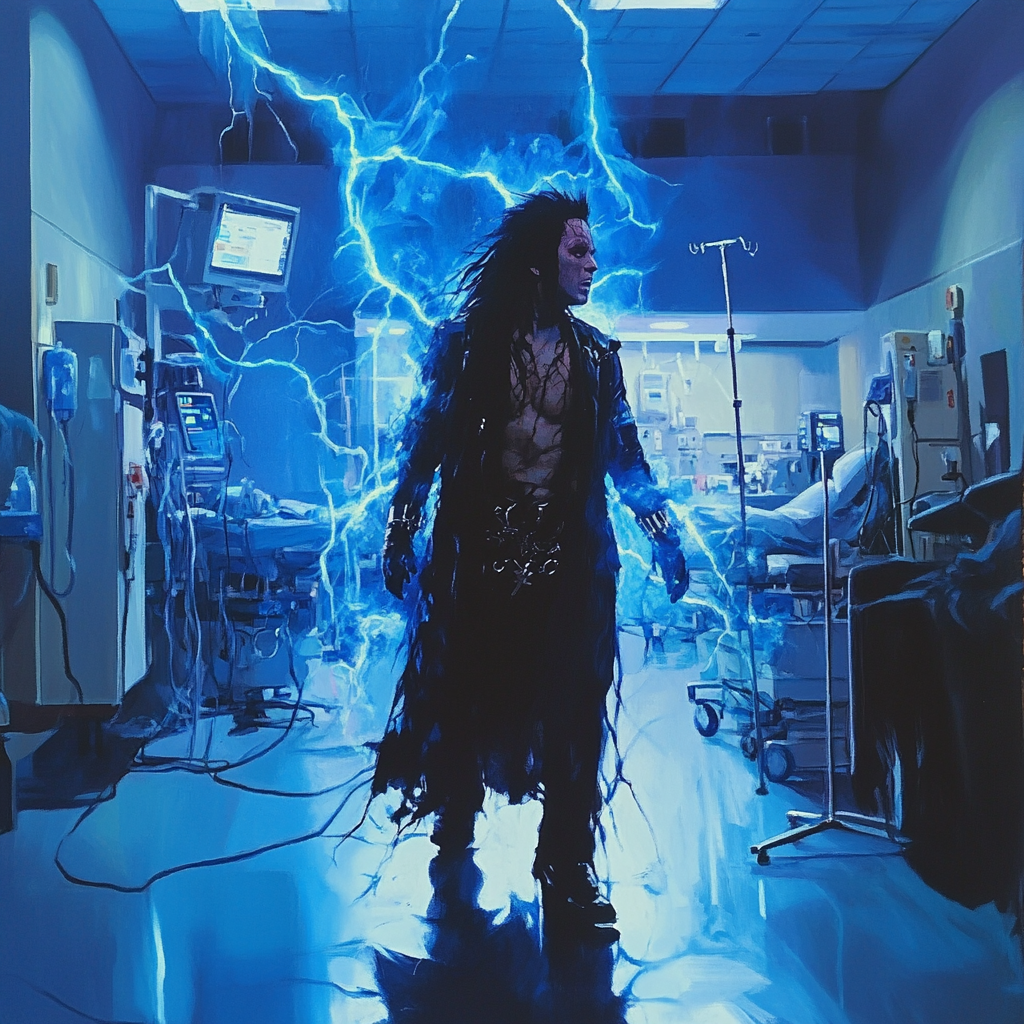 Nikki Sixx victorious in hospital ER with blue lightning.