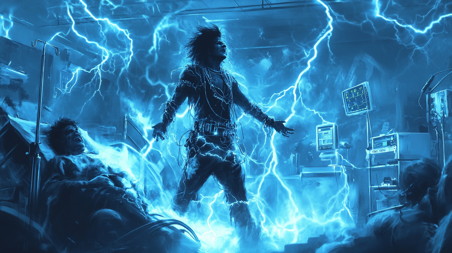 Nikki Sixx victorious in hospital surrounded by blue lightning.