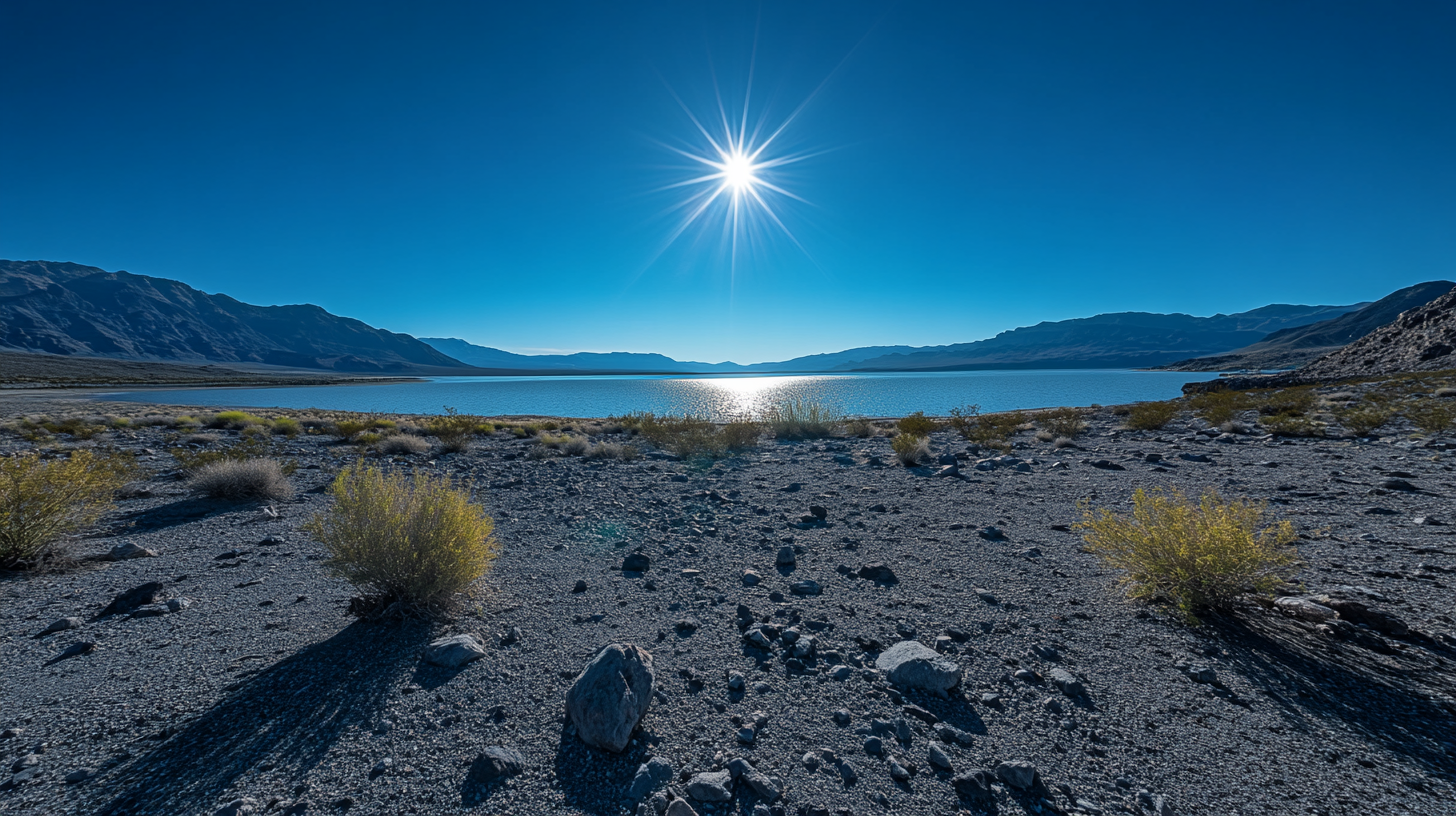 Nikon Z 9 captures desert, lake, green trees.