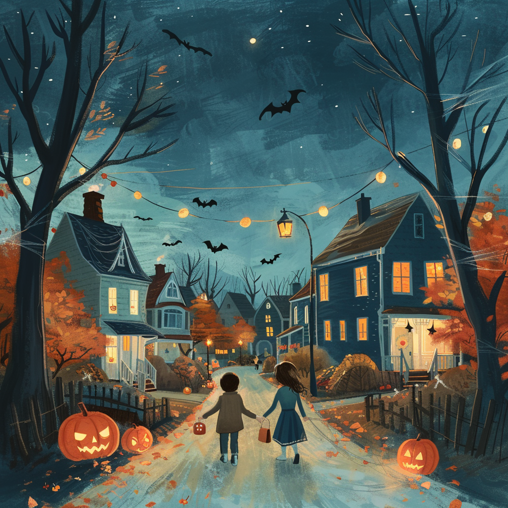 Nina and Maya excitedly explore Halloween-decorated neighborhood