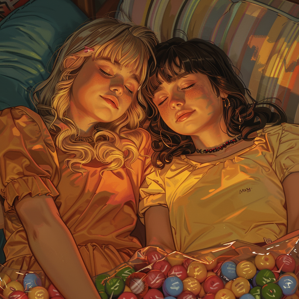 Nina and Maya sleep on couch with candy