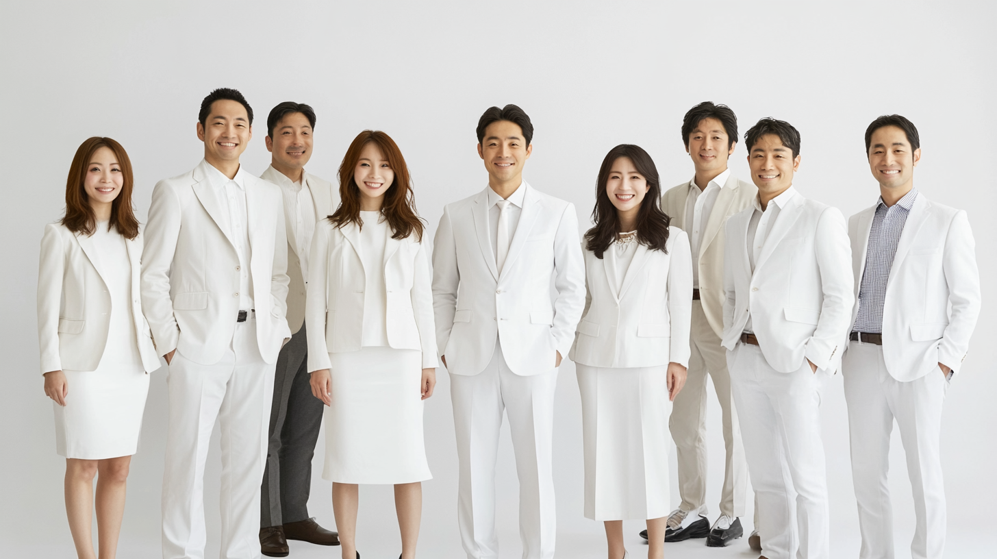 Nine Japanese professionals in sharp white suits and dresses.