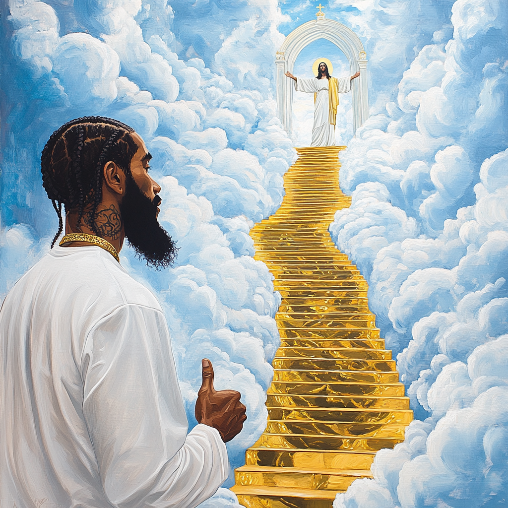 Nipsey Hussle in oil painting with Jesus welcome.