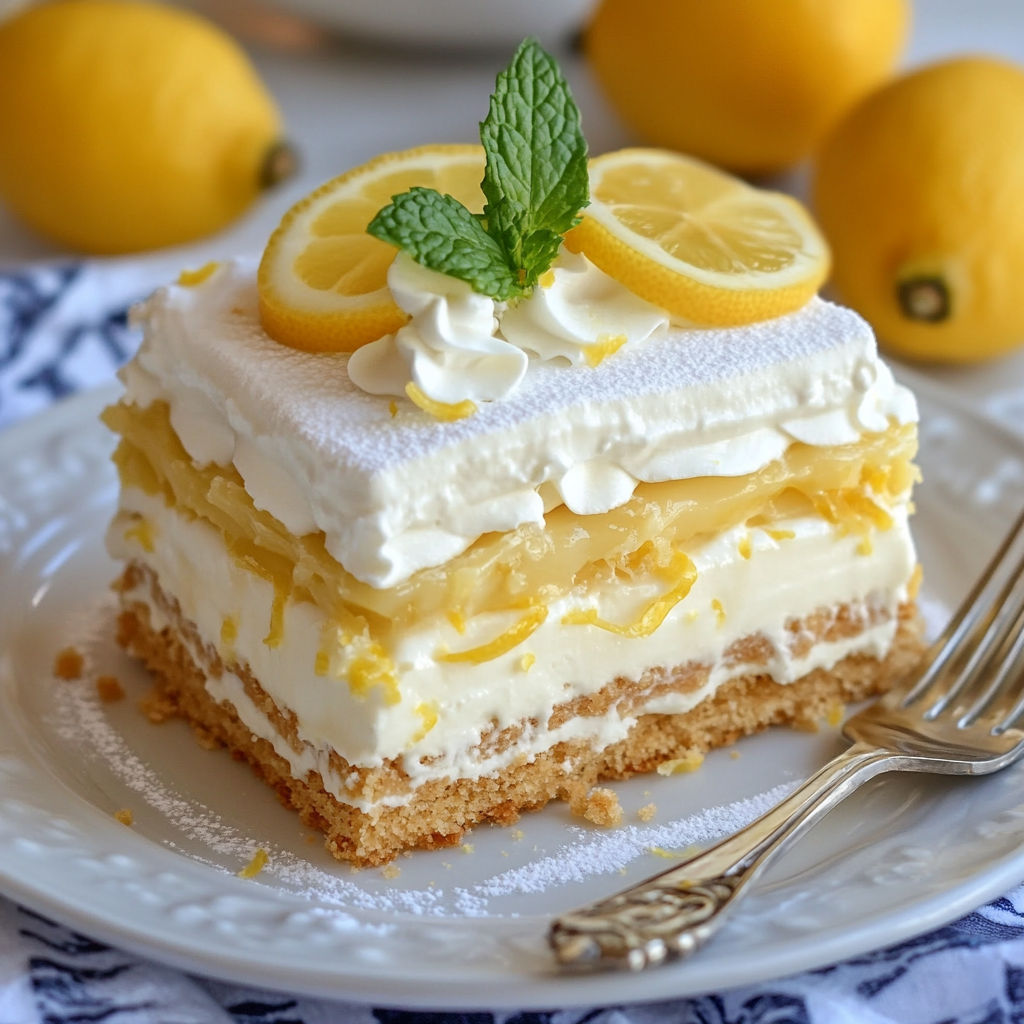 No-Bake Lemon Eclair Cake with creamy lemon filling.