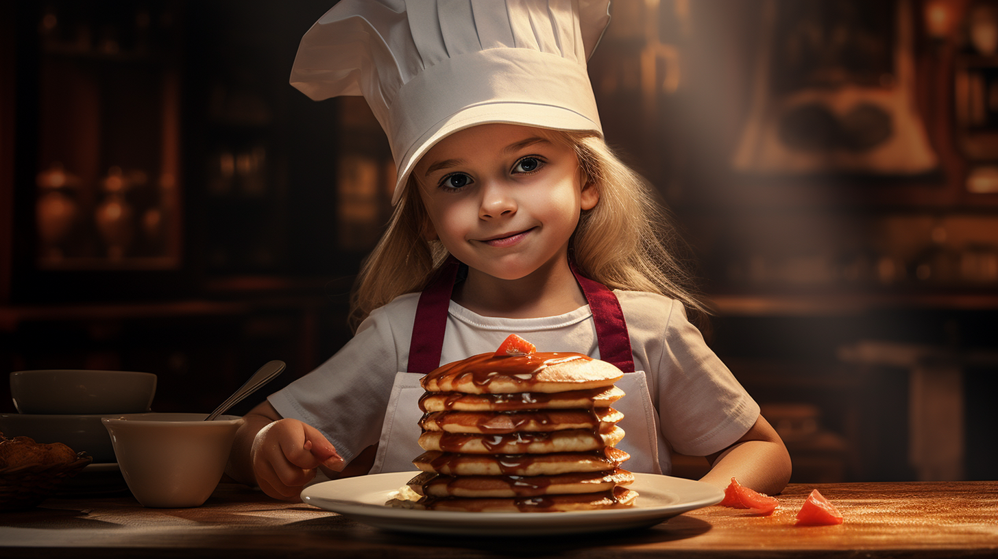 Little girl serving saucy pancakes