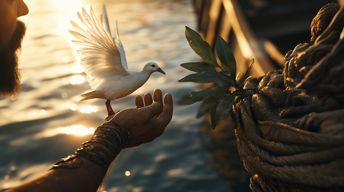 Noah's Ark with Dove and Olive Leaf at Sunset