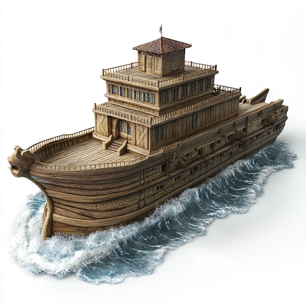 Noah's rectangular ark in turbulent water with cabin