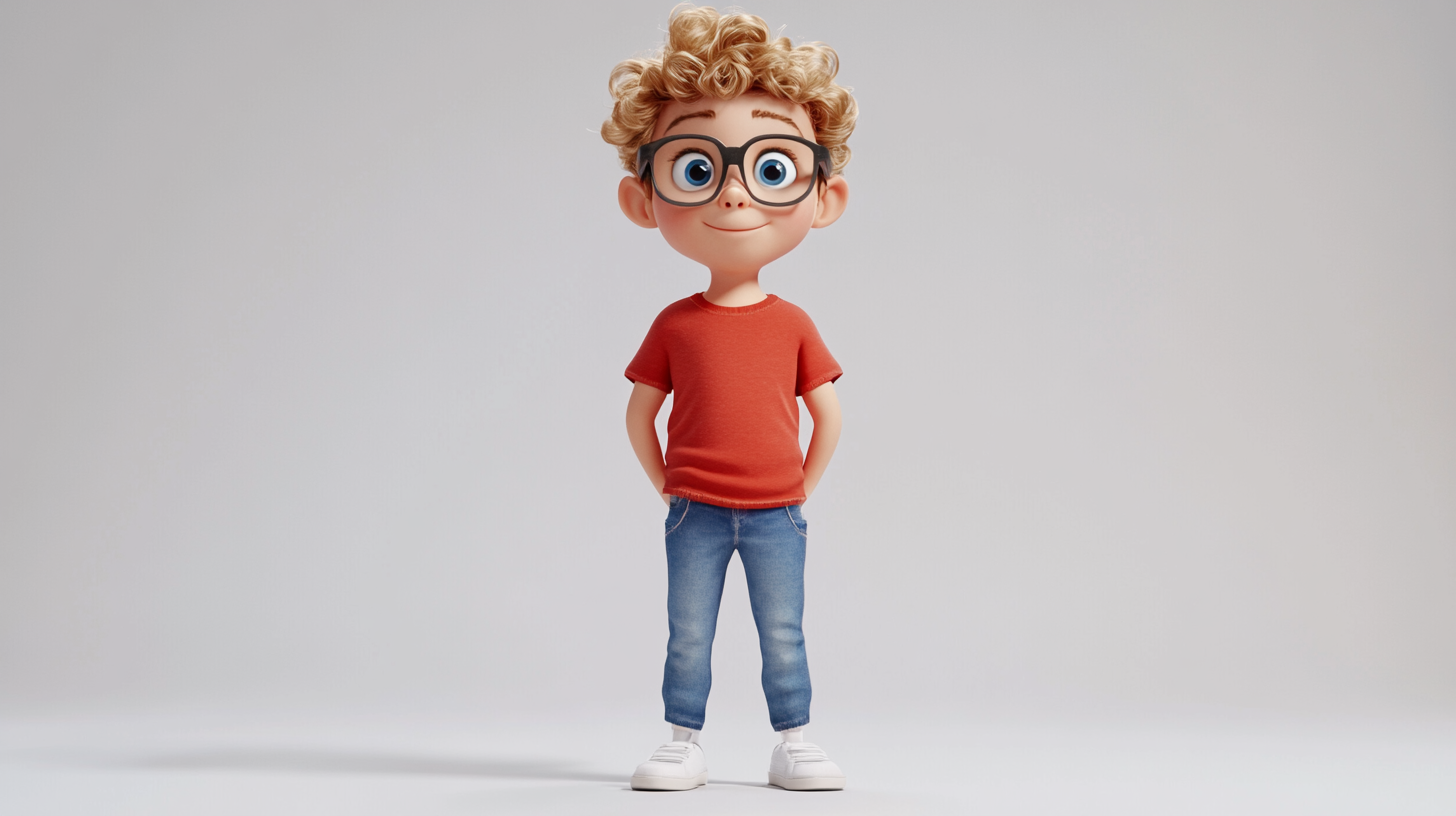 Noah, 10, with curly hair, blue eyes, confident pose, 3D render.