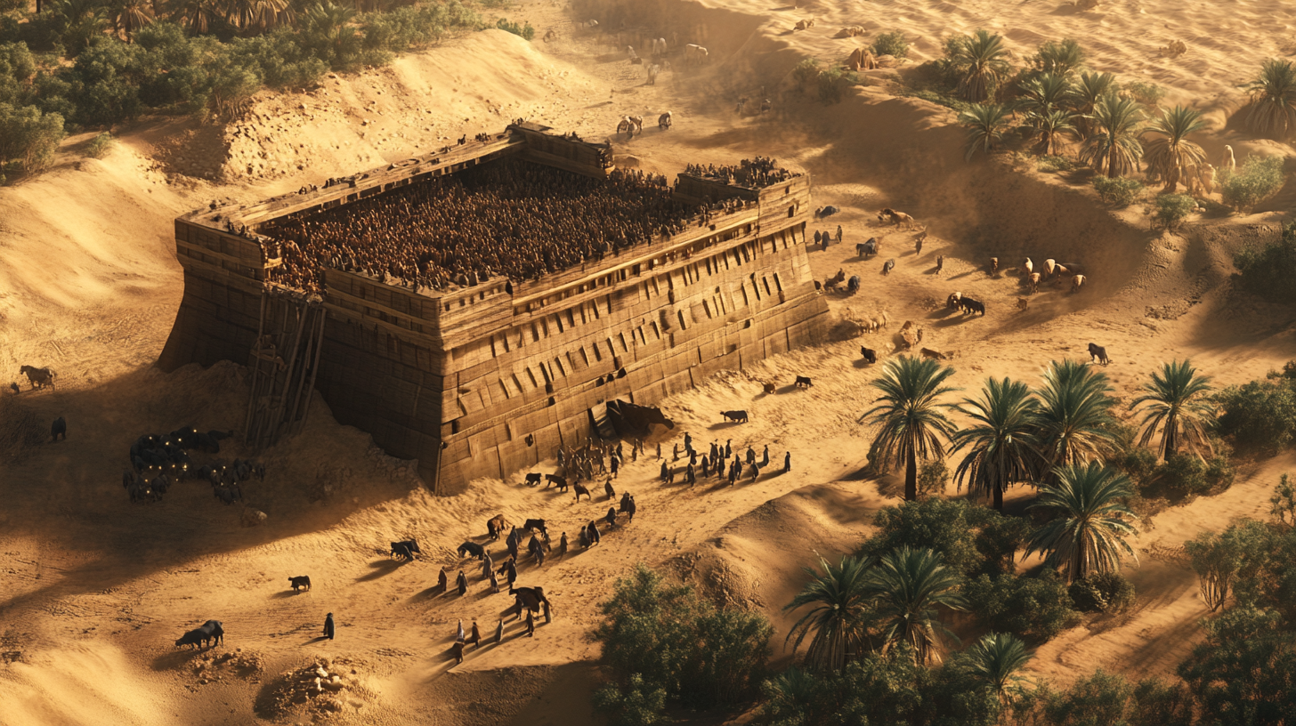 Noah, Family, Animals entering Enormous Ark in Desert