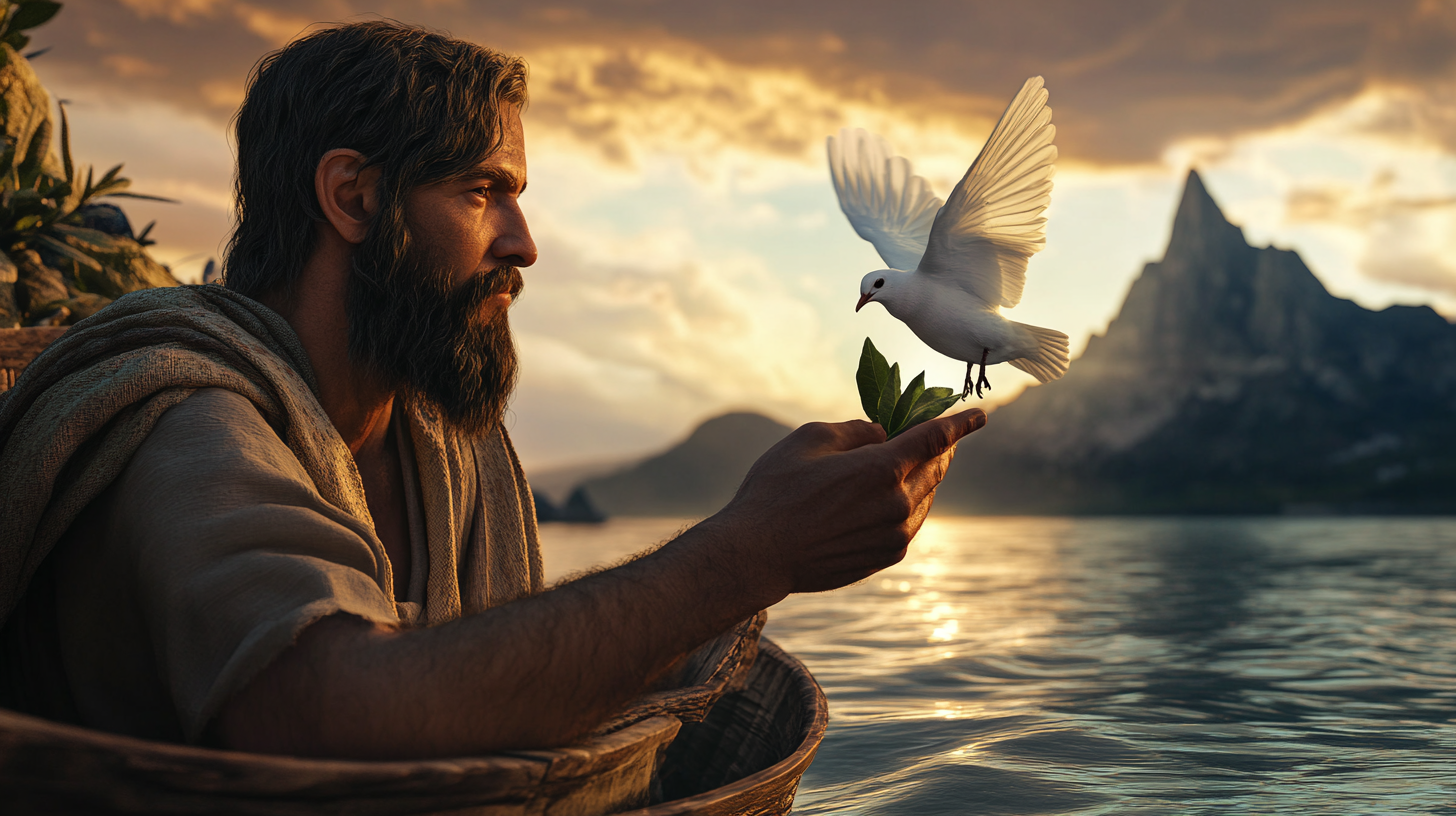 Noah Holds Dove with Olive Leaf on Ark