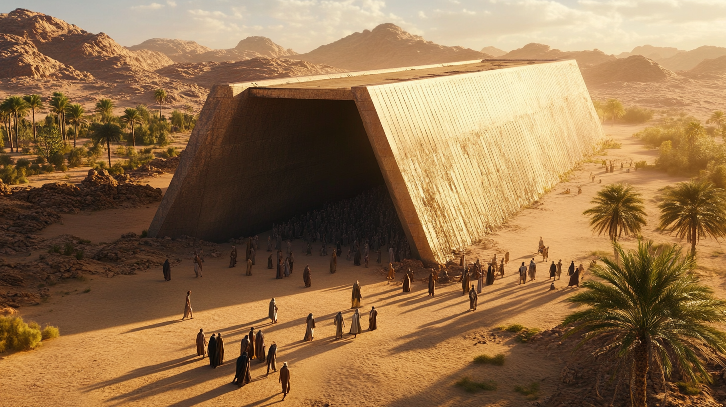 Noah and Family Entering Enormous Ark in Desert