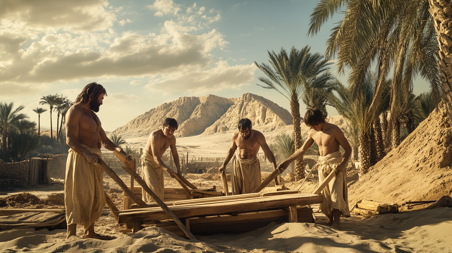 Noah and Sons Build Ark in Ancient Desert landscape