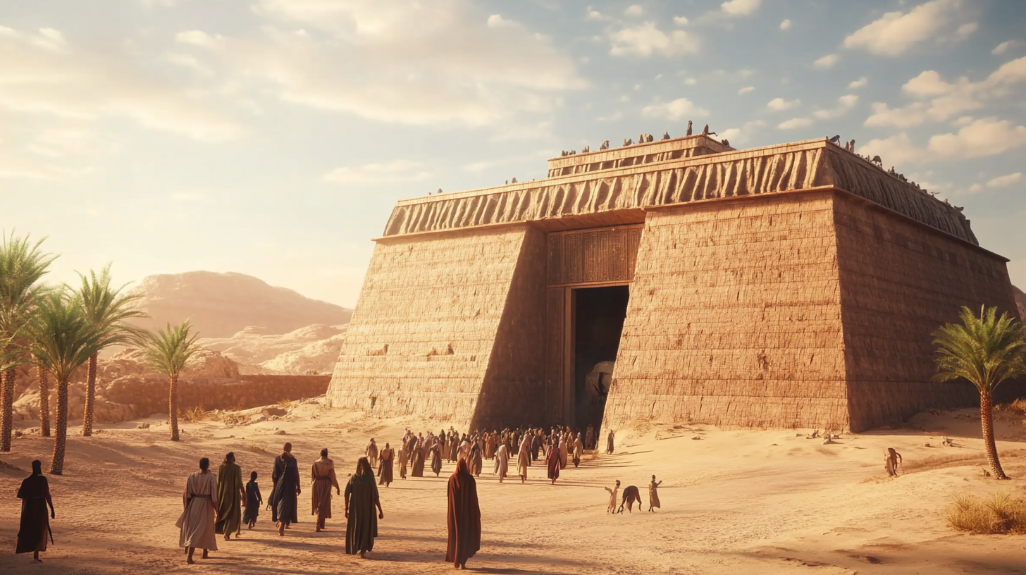 Noah and family boarding ark in desert