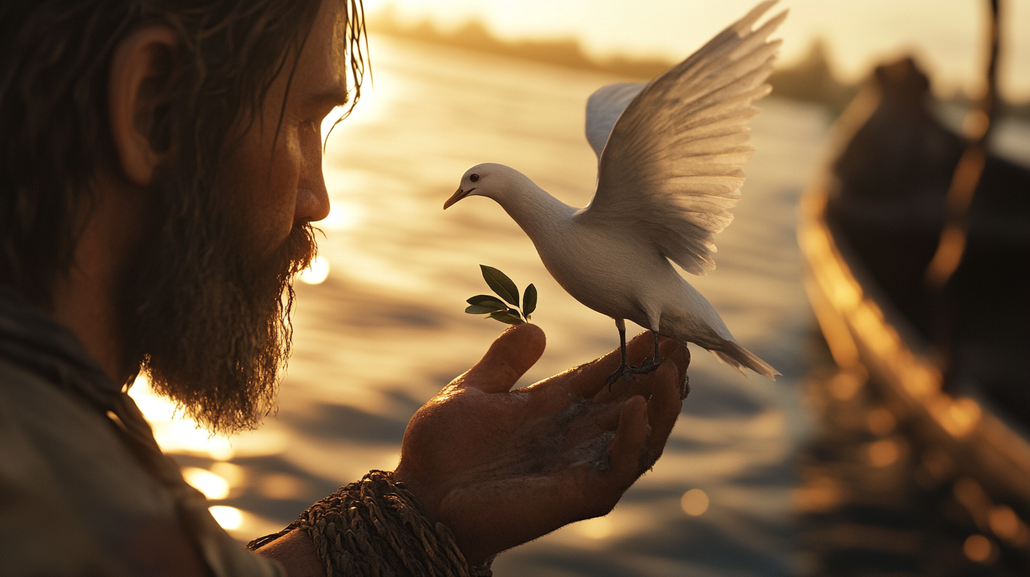 Noah holds dove on ark, dove holds olive