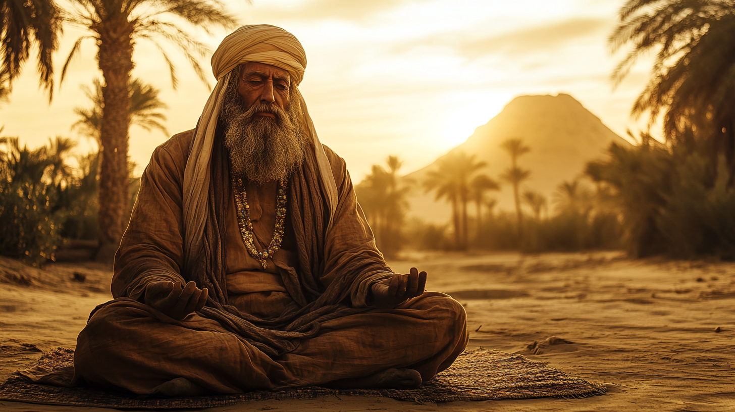 Noah meditates in desert oasis at dawn, 2000BC