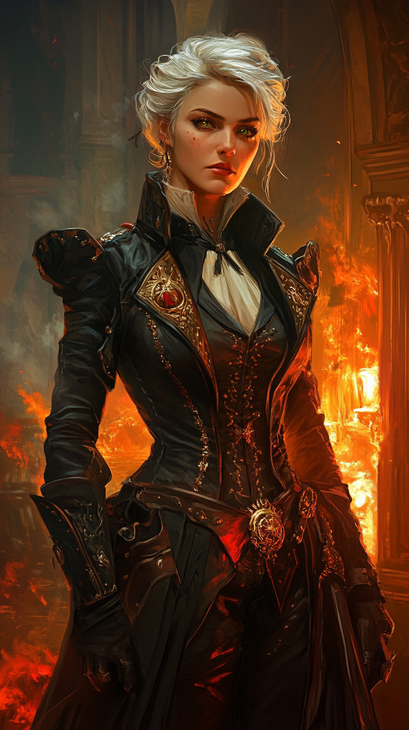 Noble human female Psyker in formal attire, fiery powers.