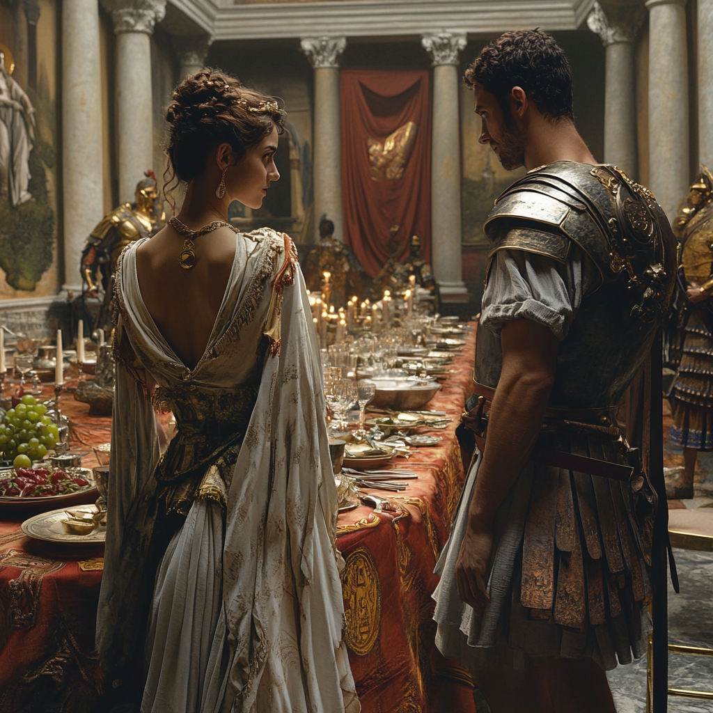 Noblewoman Livia Valeria Meets Soldier Lucius at Banquet