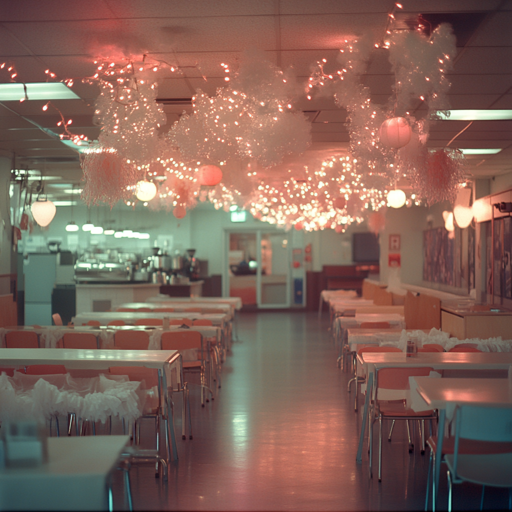 Noisy college cafeteria scene with old camcorder quality.