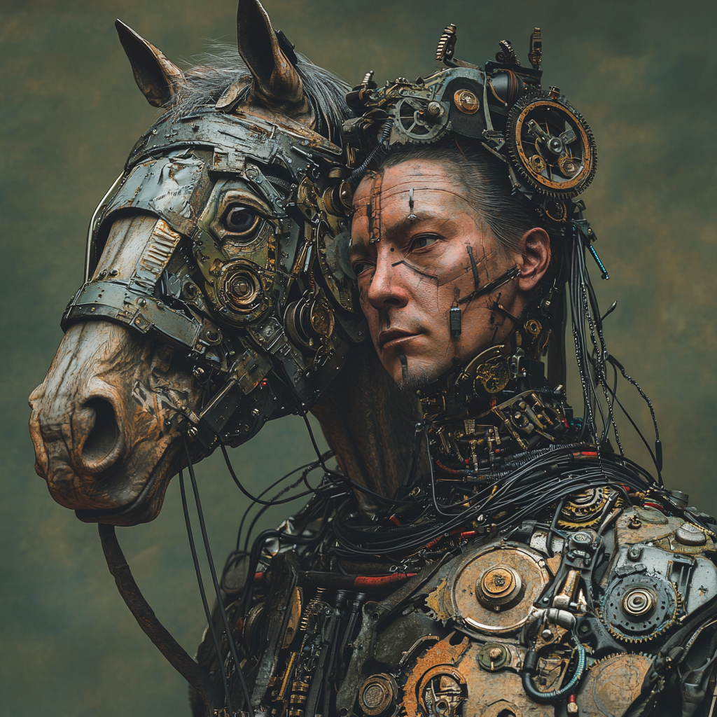 Nomad warrior with mechanical horse, clock gear patterns.