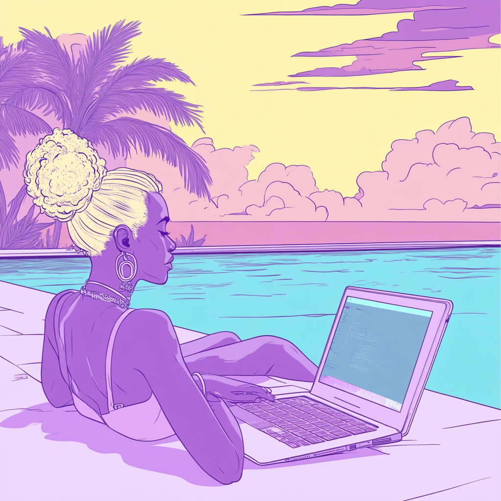 Non-binary person with blonde messy bun relaxing by pool.