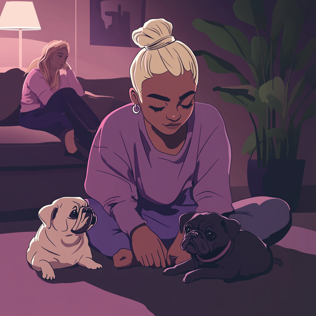 Non-binary person with pugs in cozy Airbnb setting.