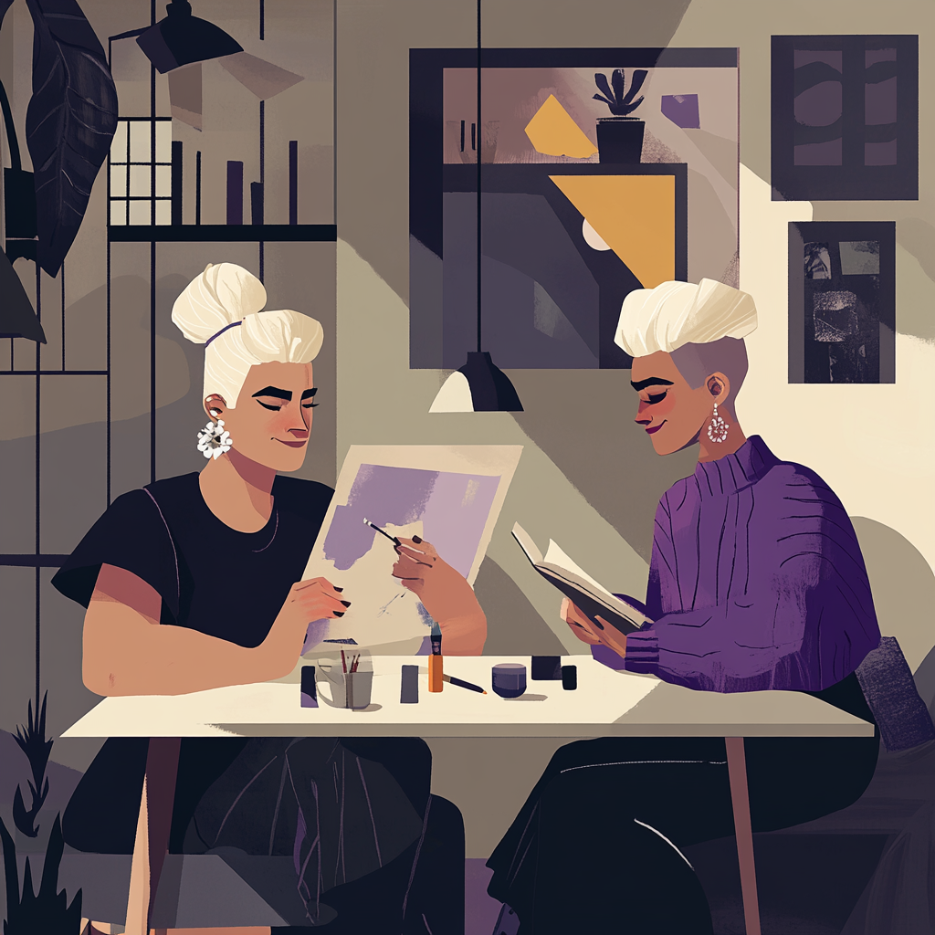 Non-binary person with wife painting in cozy Airbnb.