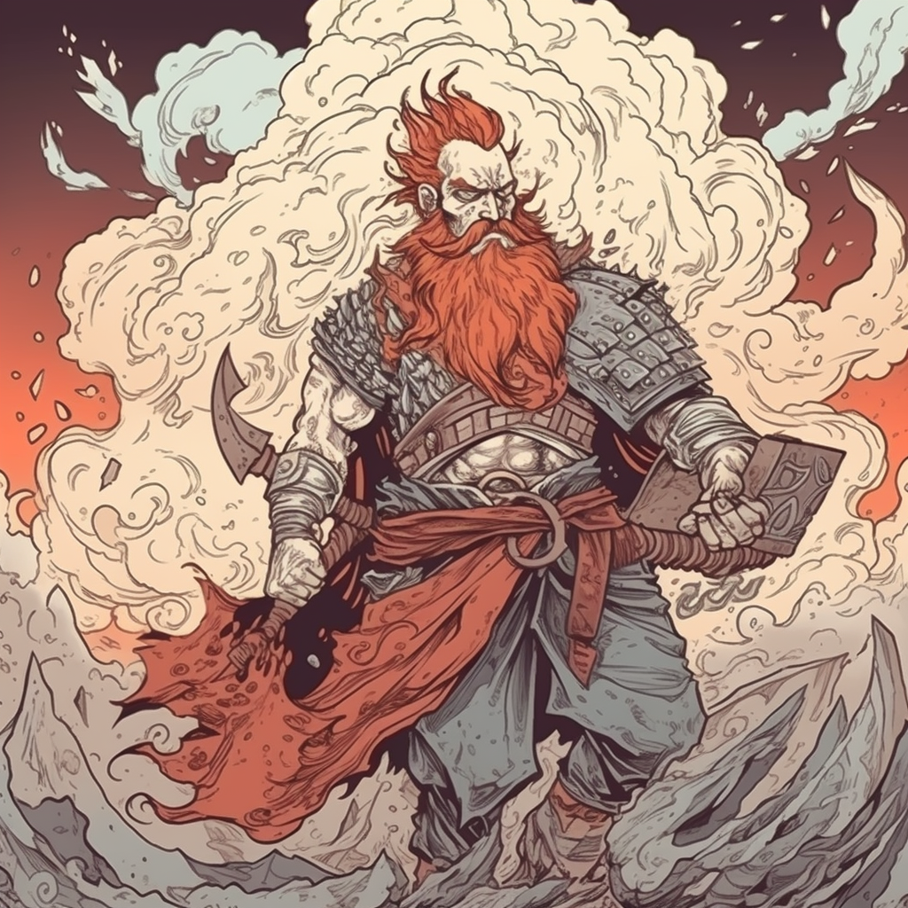 Nordic god with red hair, tattoos, lightning eyes holds battleaxe.