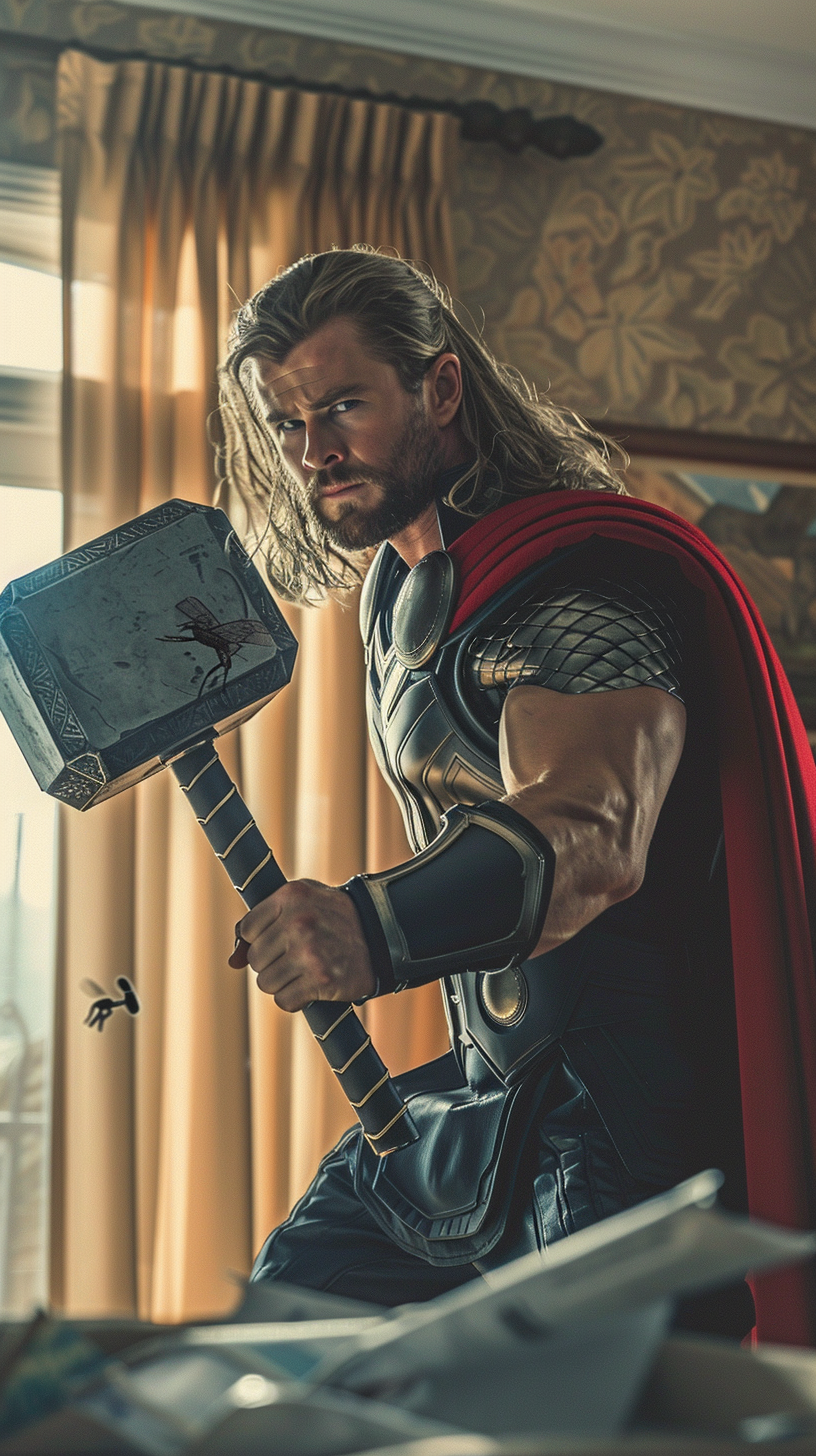 Norse God Thor Swatting Flies at Home