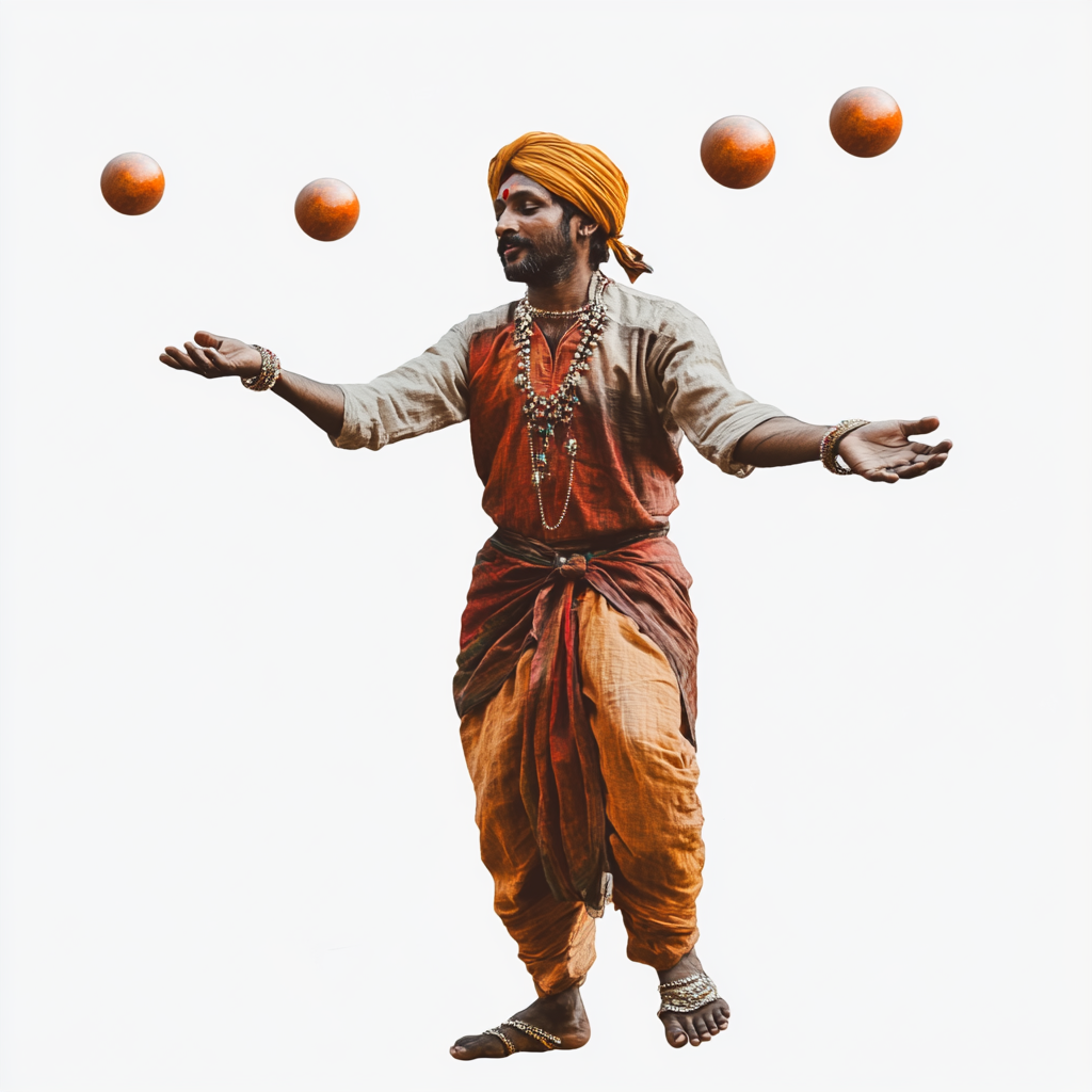 North Indian man juggling 3 sized balls on transparent background 