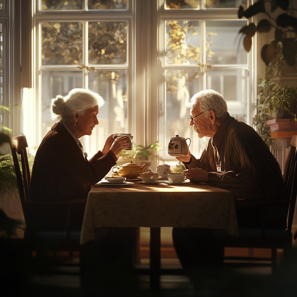 Nostalgic elderly couple sipping tea in vintage 1970s setting